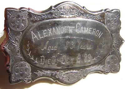 The Free Genealogy Death Record on the Coffin Plate of Alexander Cameron 1806 ~ 1889