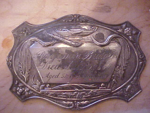 The Free Genealogy Death Record on the Coffin Plate of Benjamin A Bridges 1808~1860