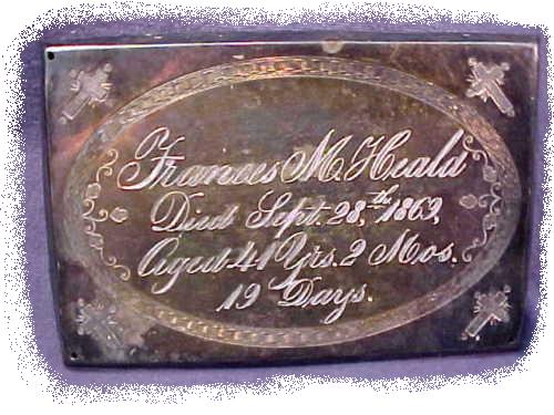 The Free Genealogy Death Record on the Coffin Plate of Frances M Heald 1828 ~ 1869