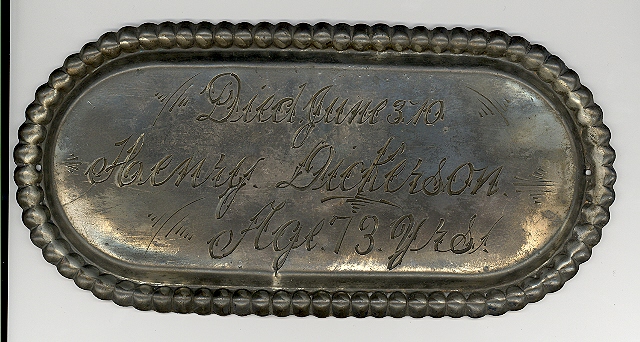 The Free Genealogy Death Record on the Coffin Plate of Henry Dickerson 1837 ~ 1910