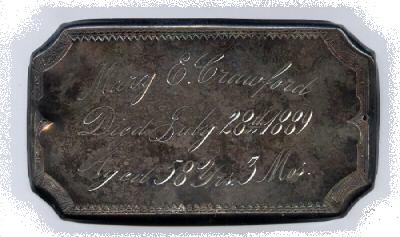 The Free Genealogy Death Record on the Coffin Plate of Mary E Crawford 1831 ~ 1889