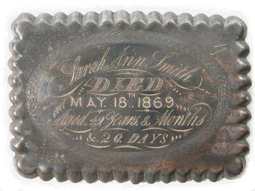 The Free Genealogy Death Record on the Coffin Plate of Sarah Ann Smith 1820~1869