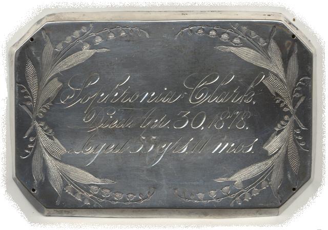 The Free Genealogy Death Record on the Coffin Plate of Sophronia Clark 1823 ~ 1878