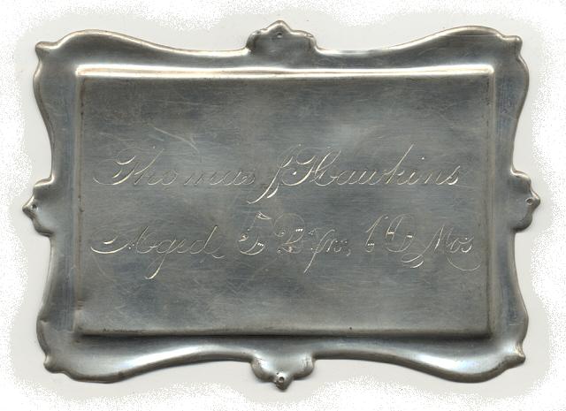 The Free Genealogy Death Record on the Coffin Plate of Thomas Hawkins