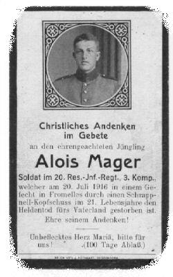 Death Record on the Memorial Card of Alois Mager