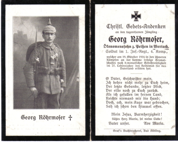 Death Record on the Memorial Card of Georg Rohrmoser