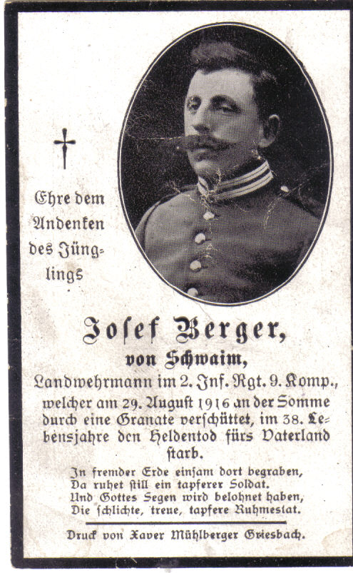 Death Record on the Memorial Card of Josef Berger