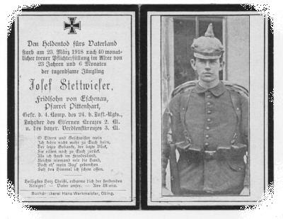 Death Record on the Memorial Card of Josef Stettwieser