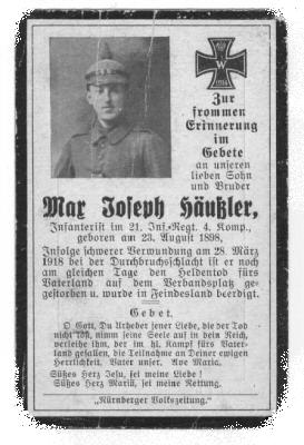 Death Record on the Memorial Card of Joseph Haeussler