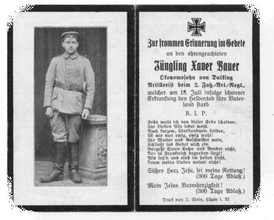 Death Record on the Memorial Card of Xaver Bauer