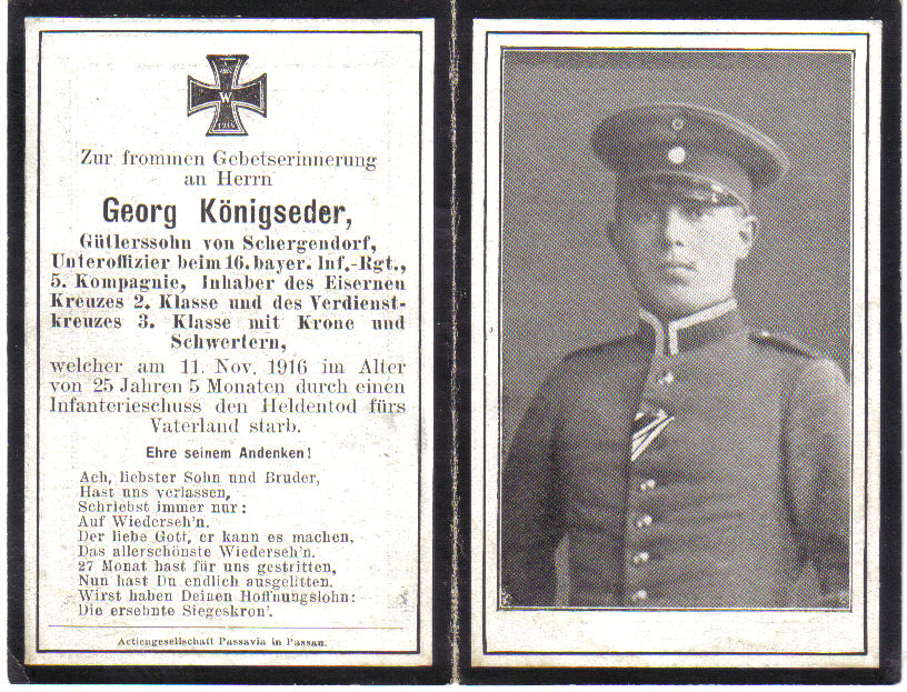 Death Record on the Memorial Card of Georg Konigseder