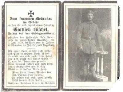 Death Record on the Memorial Card of Gottlieb Bischel