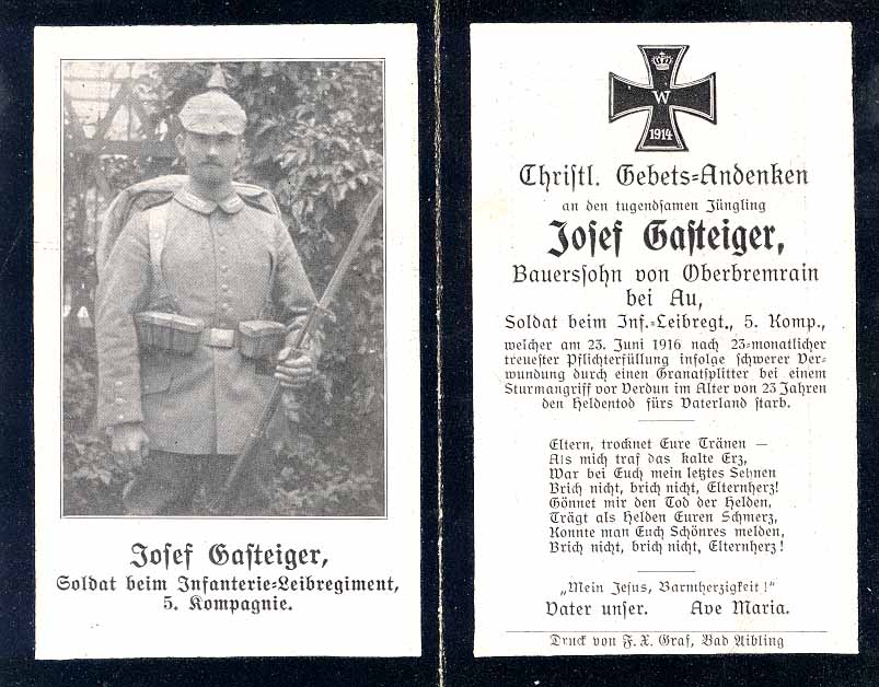 Death Record on the Memorial Card of Josef Gasteiger