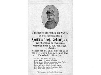 Death Record on the Memorial Card of Josef Straber 