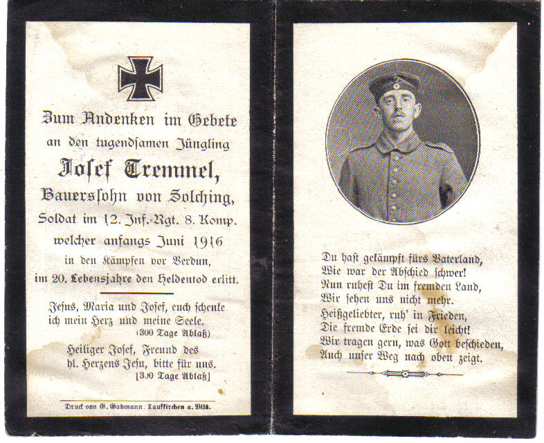 Death Record on the Memorial Card of Josef Tremmel