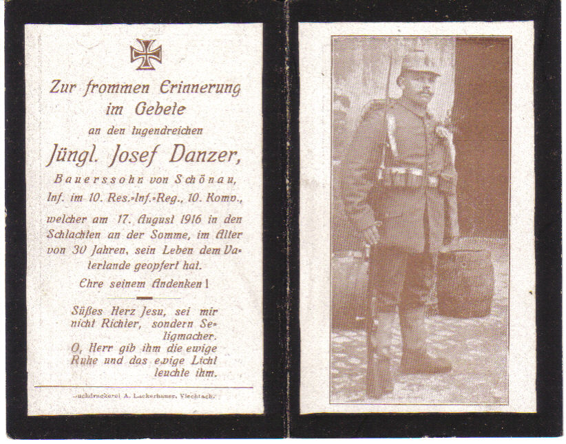 Death Record on the Memorial Card of Joseph Danzer