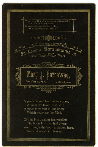 Death Record on the Memorial Card of Mary J Hathaway