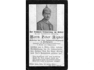 Death Record on the Memorial Card of Peter Aigner