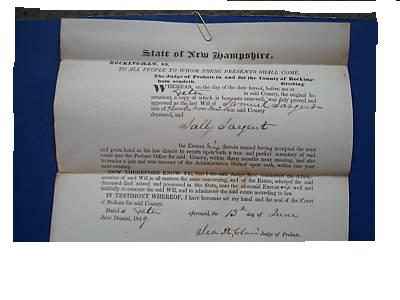 death records on the The Will of Samuel Sayent, New Hampshire, 1849