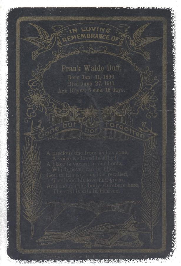 Death Record on the Memorial Card of Frank Waldo Duff 1896~1911