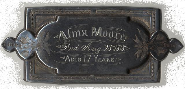 The Free Genealogy Death Record on the Coffin Plate of Alma Moore 1861 ~ 1878