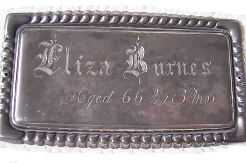 The Free Genealogy Death Record on the Coffin Plate of Eliza Burns