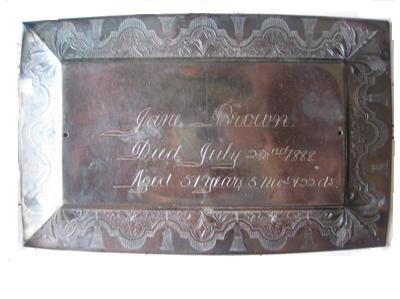 The Free Genealogy Death Record on the Coffin Plates of Jane Brown 1827 ~ 1888, Mary Jane Brown 1861 ~ 1886, William Brown 1831 ~ 1886