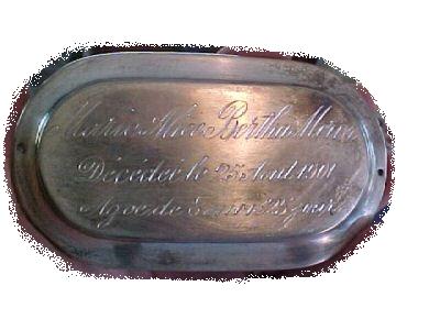 The Free Genealogy Death Record on the Coffin Plate of Marie Alice Bertha Morin