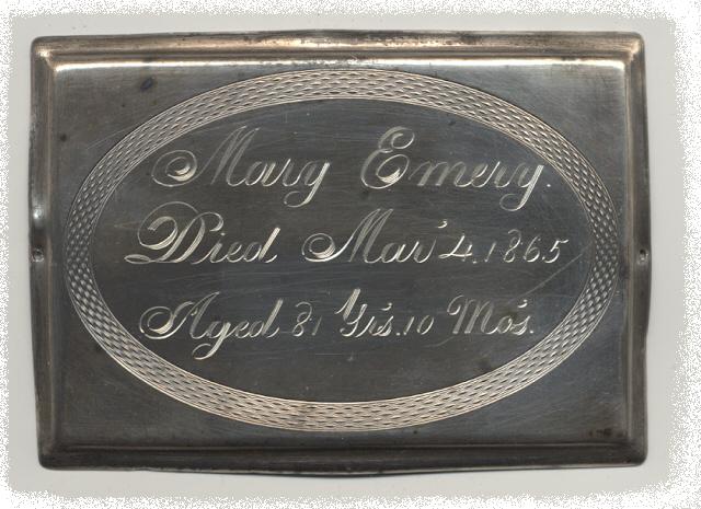 The Free Genealogy Death Record on the Coffin Plate of Mary Emery 1784 ~ 1865