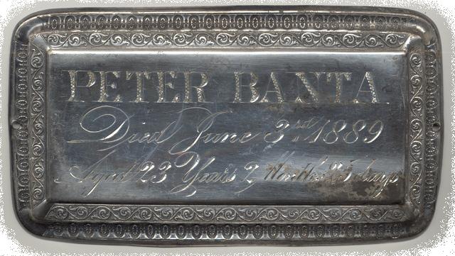 The Free Genealogy Death Record on the Coffin Plate of Peter Banta 1866 ~ 1889