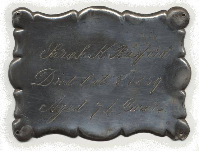 The Free Genealogy Death Record on the Coffin Plate of Sarah K Basford 1785 ~ 1859