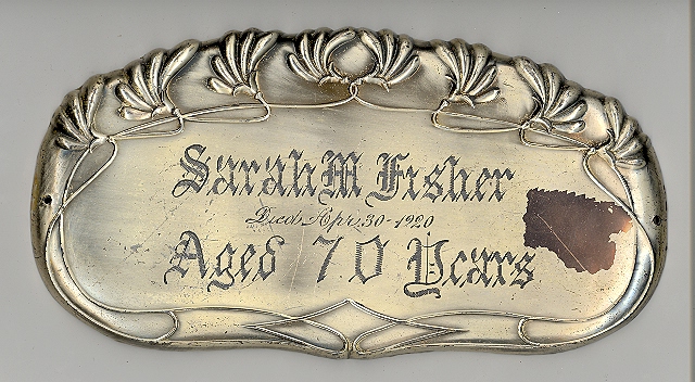 The Free Genealogy Death Record on the Coffin Plate of Sarah M Fisher 1850 ~ 1920