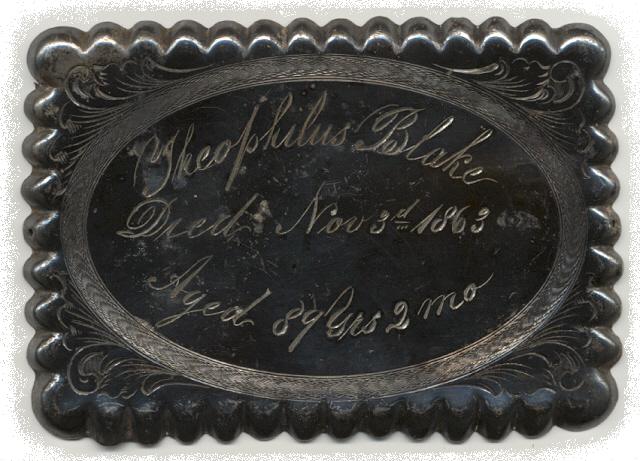 The Free Genealogy Death Record on the Coffin Plate of Theophilus Blake 1774 ~ 1863