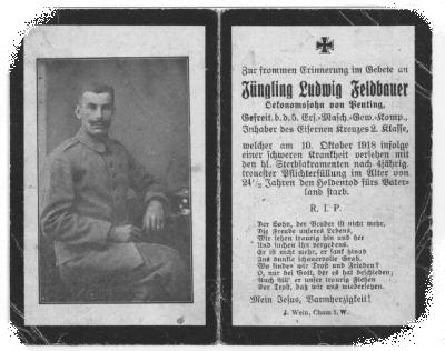 Death Record on the Memorial Card of Ludwig Feldbauer