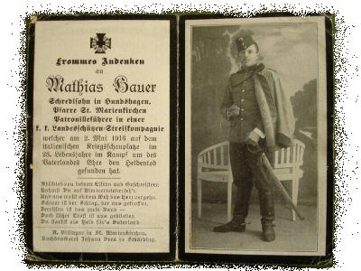 Death Record on the Memorial Card of Mathias Bauer