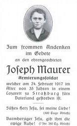 Death Record of Joseph Maurer