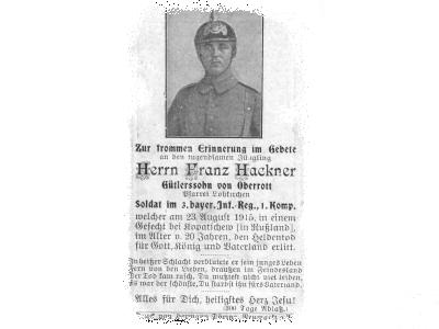 Death Record on the Memorial Card of Franz Hackner