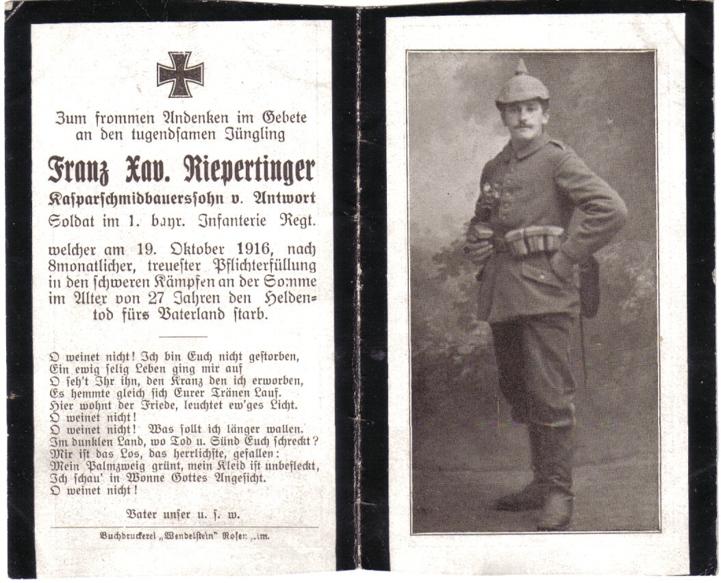 Death Record on the Memorial Card of Franz Xaver Riepertinger