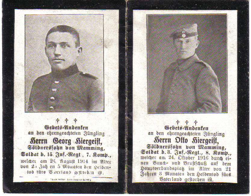 Death Record on the Memorial Card of Georg Hiergeist