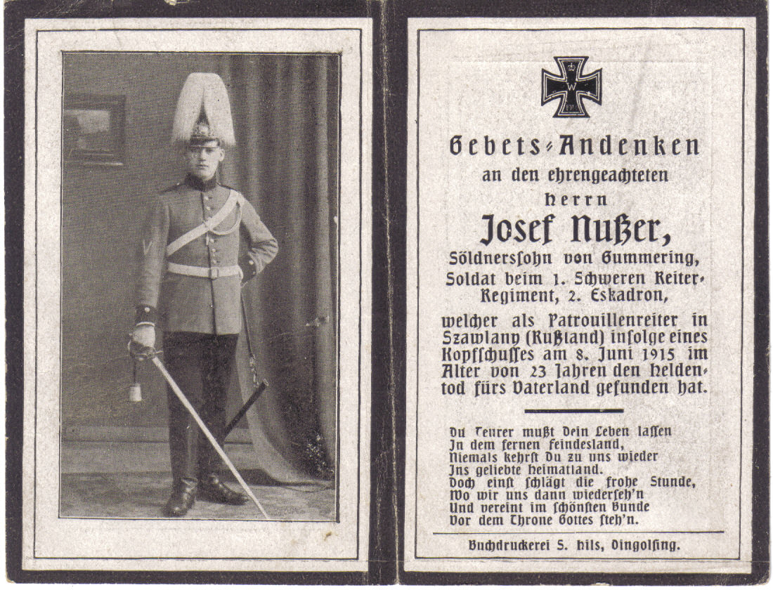 Death Record on the Memorial Card of Josef Nuzzer