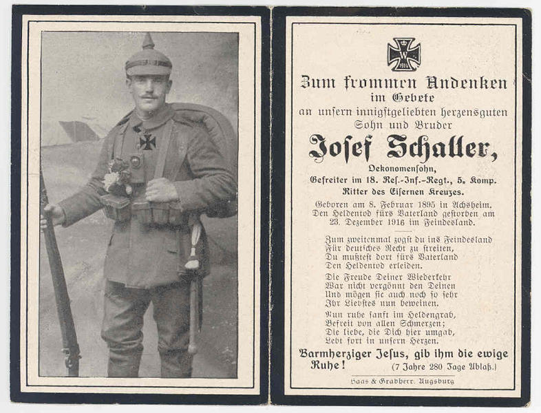 Death Record on the Memorial Card of Josef Schaller