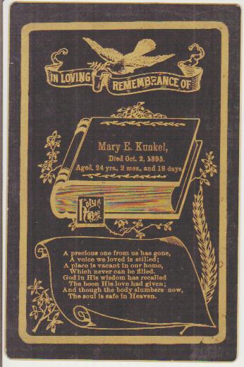 Death Record on the Memorial Card of Mary Kunkel