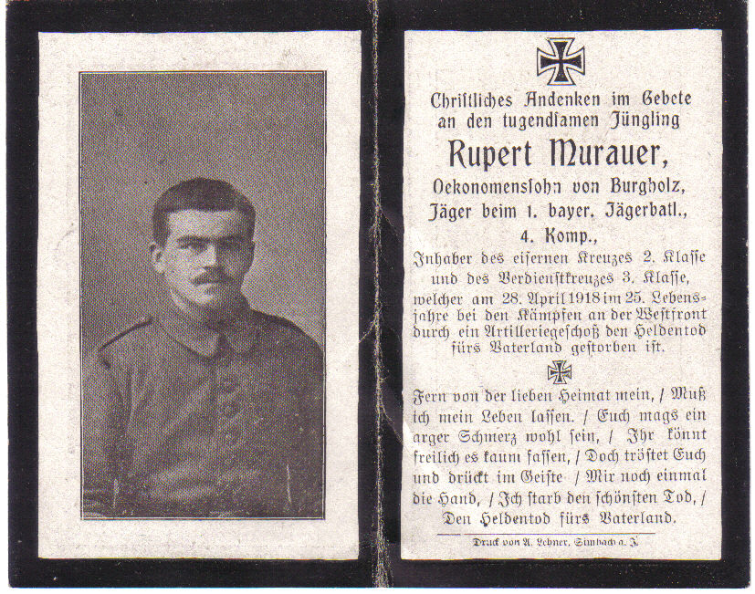 Death Record on the Memorial Card of Rupert Murauer