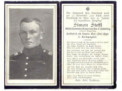 Death Record on the Memorial Card of Simon Steffl